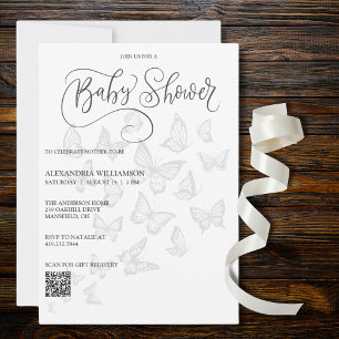 Modern Gray Butterflies Baby Shower QR Code  Invitation