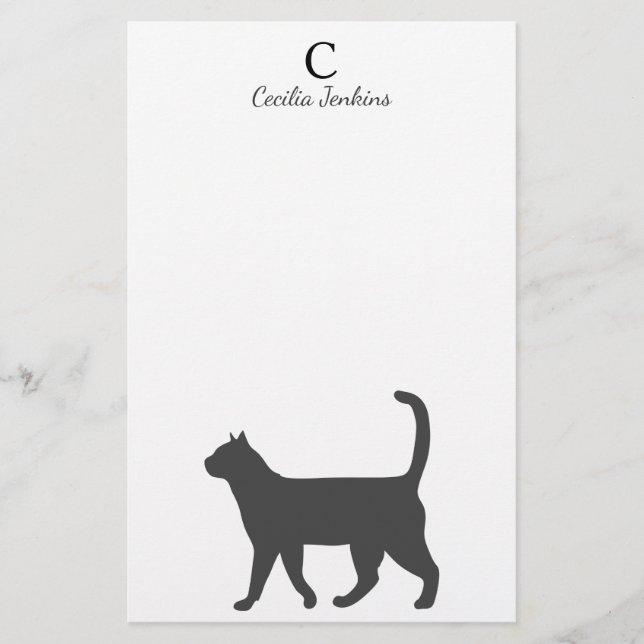 Modern Gray Cat Silhouette & Name Stationery (Front)