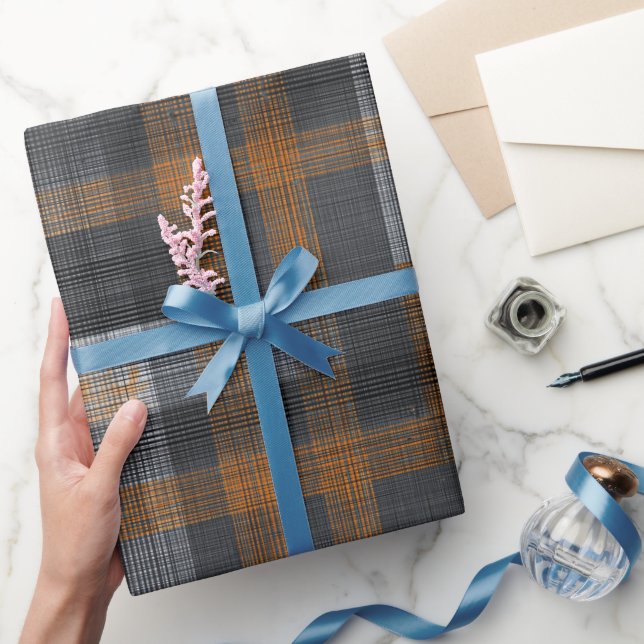 Modern Gray Charcoal Grid Steel Plaid Pattern Wrapping Paper (Gifting)