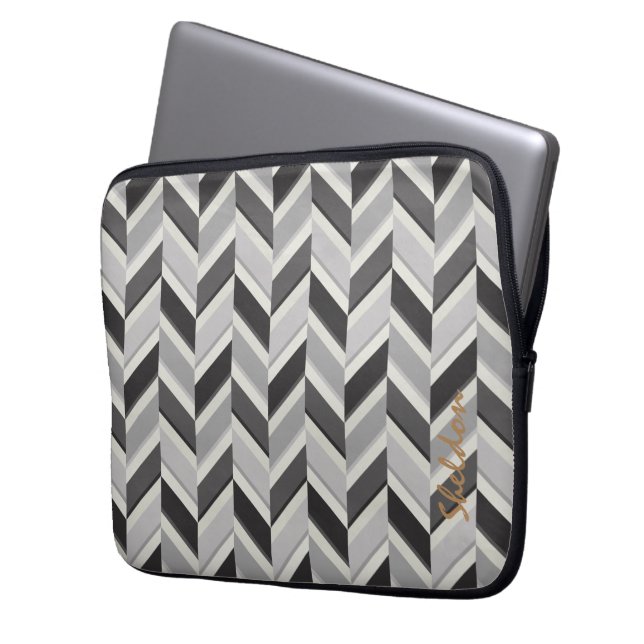 Modern gray chevron geometric pattern monogram laptop sleeve (Front Left)