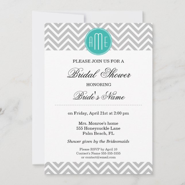 Modern Gray Chevron Mint Monogram - Bridal Shower Invitation (Front)