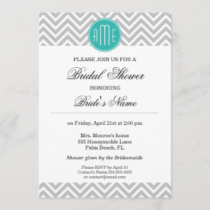 Modern Gray Chevron Mint Monogram - Bridal Shower Invitation