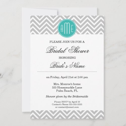 Modern Gray Chevron Mint Monogram - Bridal Shower 5x7 Paper Invitation Card