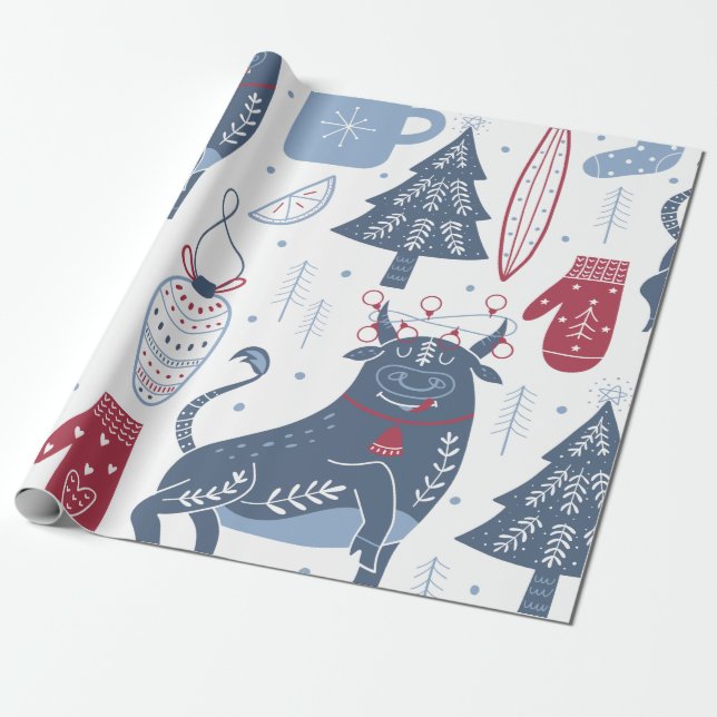 Modern Gray Christmas Illustrations Wrapping Paper (Unrolled)