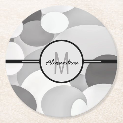 Modern Gray Circle Geometric Monogram  Round Paper Coaster