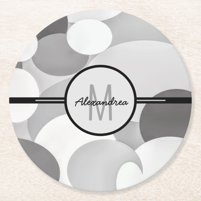 Modern Gray Circle Geometric Monogram  Round Paper Coaster (Front)