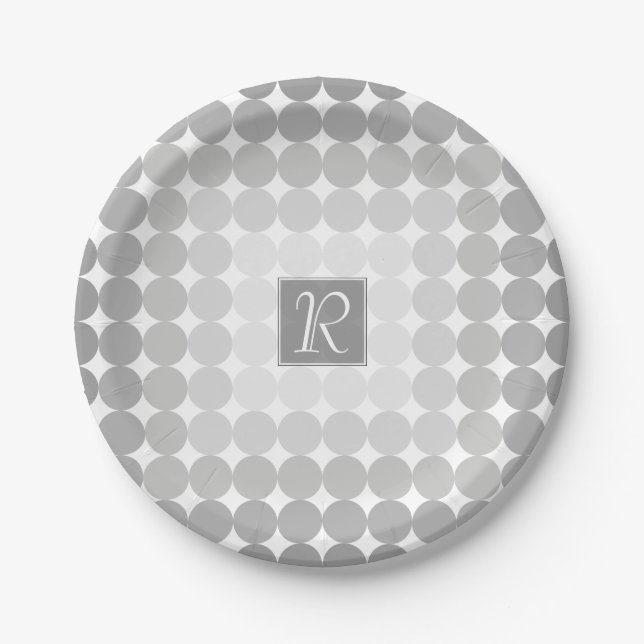 Modern Gray Circles Monogram Paper Plates (Front)