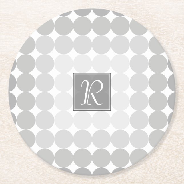 Modern Gray Circles Monogram Round Paper Coaster (Front)