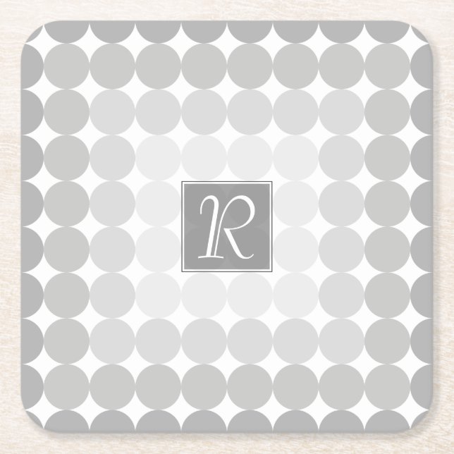 Modern Gray Circles Monogram Square Paper Coaster (Front)