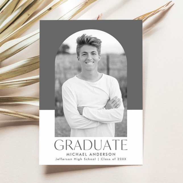 Modern Gray Color Block Arch Photo Graduation Announcement (Creator Uploaded)