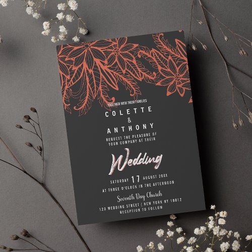 Modern gray coral summer floral theme Wedding  Invitation