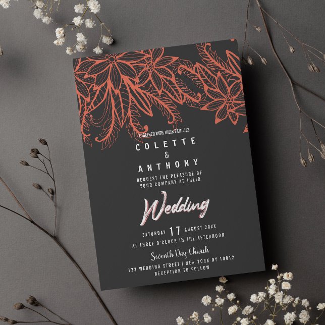 Modern gray coral summer floral theme Wedding  Invitation (Modern gray coral summer floral theme Wedding)