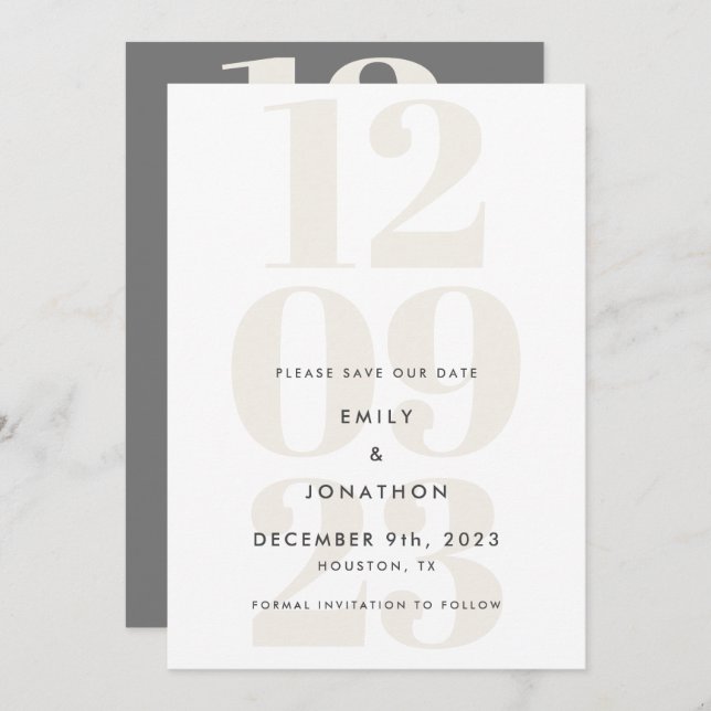 Modern Gray Cream Date Typography Save The Date (Front/Back)