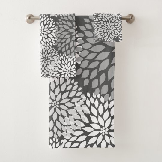 Modern Gray Dahlia floral pattern, neutral bath Bath Towel ...