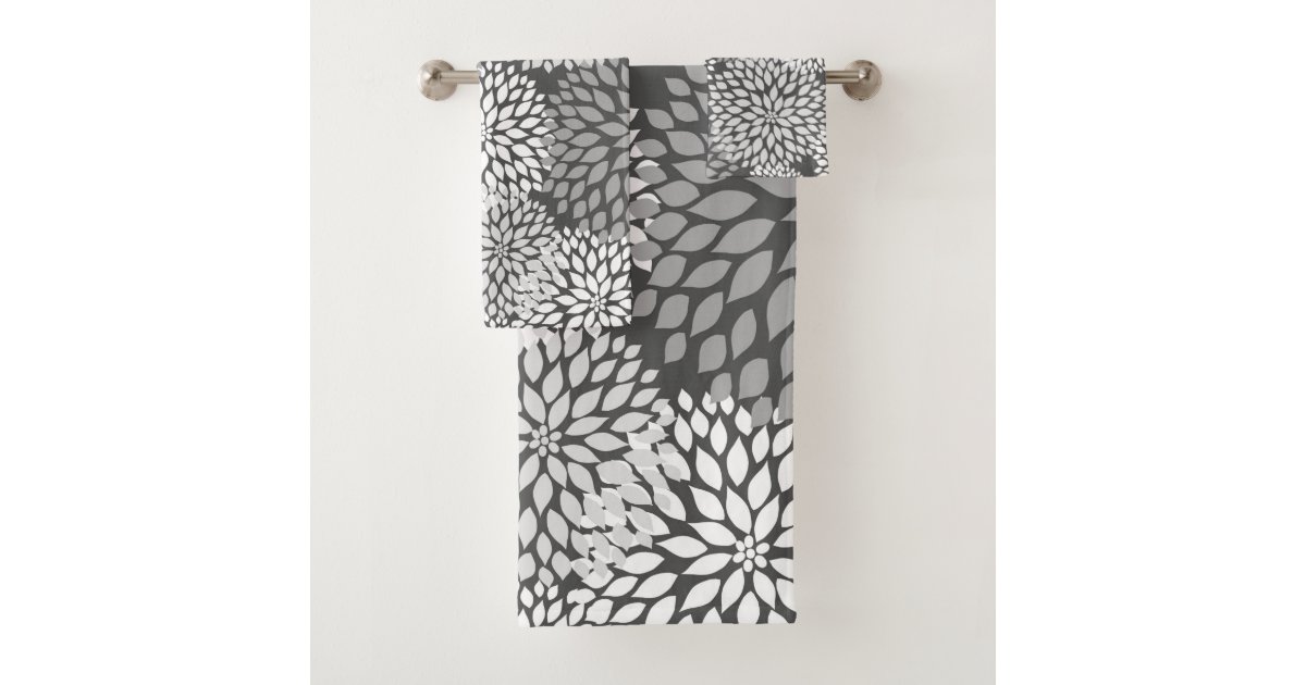 Modern Gray Dahlia floral pattern, neutral bath Bath Towel Set Zazzle