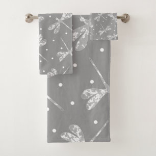 Modern gray dragonflies  bath towel set