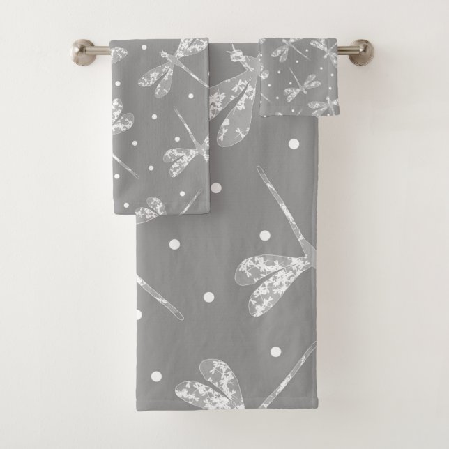 Modern gray dragonflies  bath towel set (Insitu)