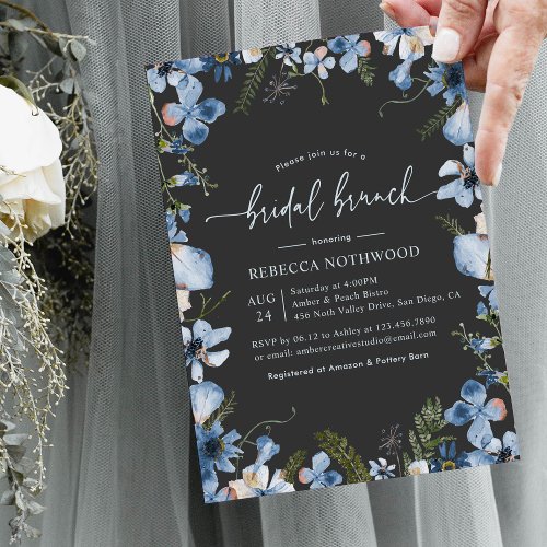 Modern Gray Dusty Blue Floral Bridal Brunch Shower Invitation