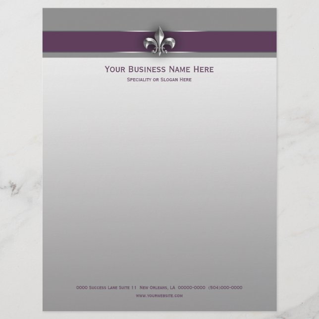 Modern Gray Eggplant Fleur de Lis Letterhead (Front)