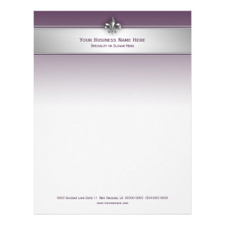 Modern Gray Eggplant Fleur de Lis Stripe Letterhead