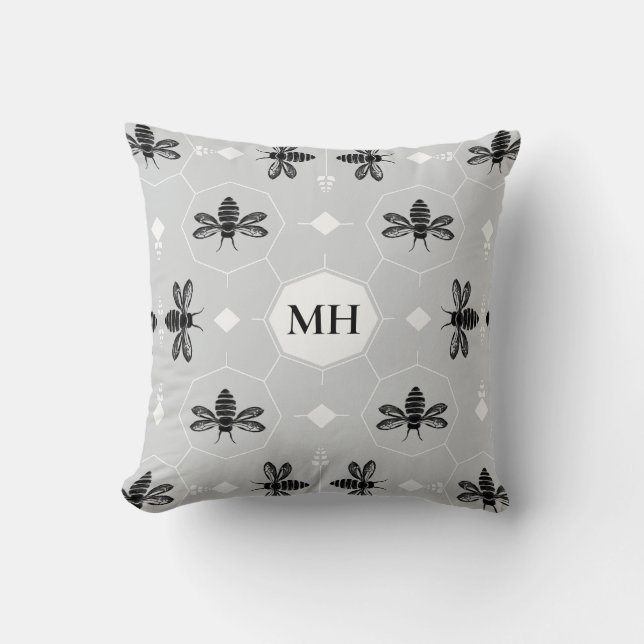 Modern Gray Elegant Black Bee Pattern Monogram Throw Pillow (Front)
