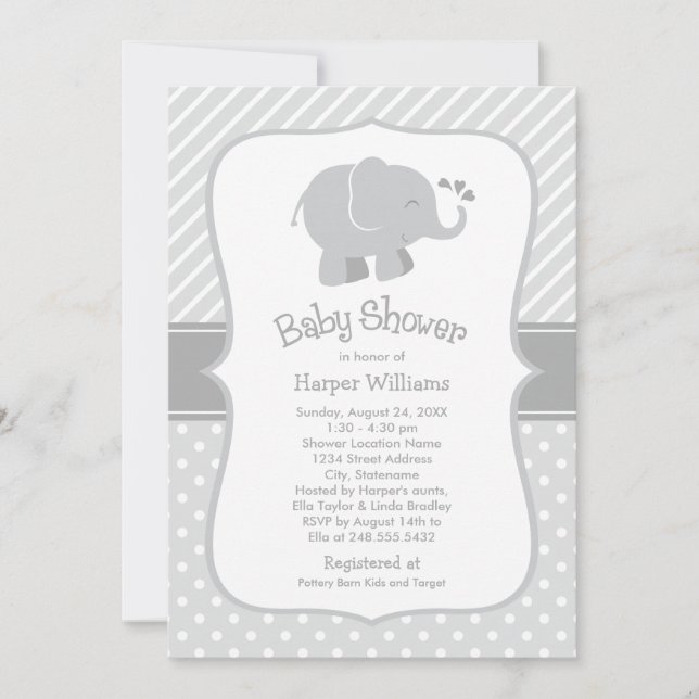 Modern Gray Elephant Gender Neutral Shower Invitation (Front)