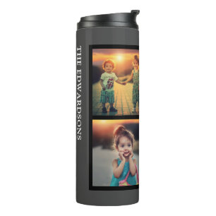 Modern gray family 4 photo collage family name thermal tumbler