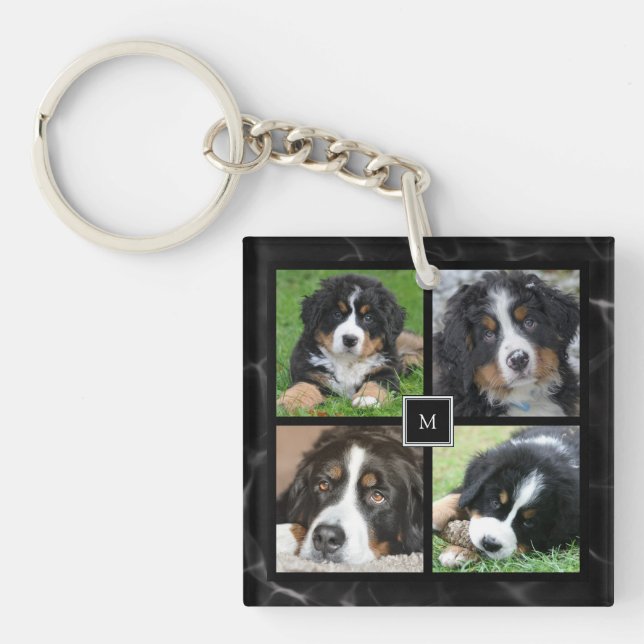 Modern gray family custom photo collage monogram keychain (Front)