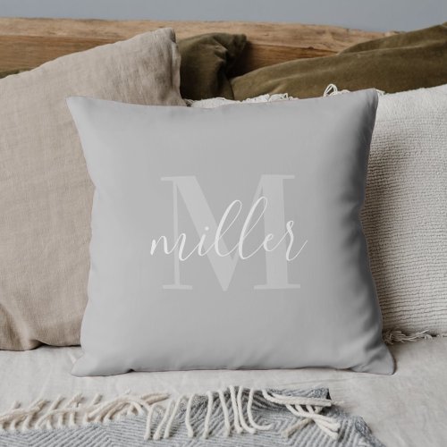 Modern Gray Family Name Monogram Throw Pillow