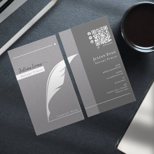 Modern Gray Feather Pen nib Logo Notary Public Business Card