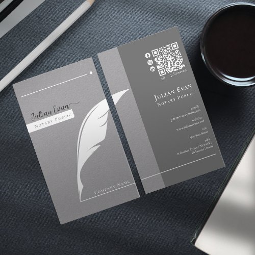 Modern Gray Feather Pen nib Logo Notary Public Business Card