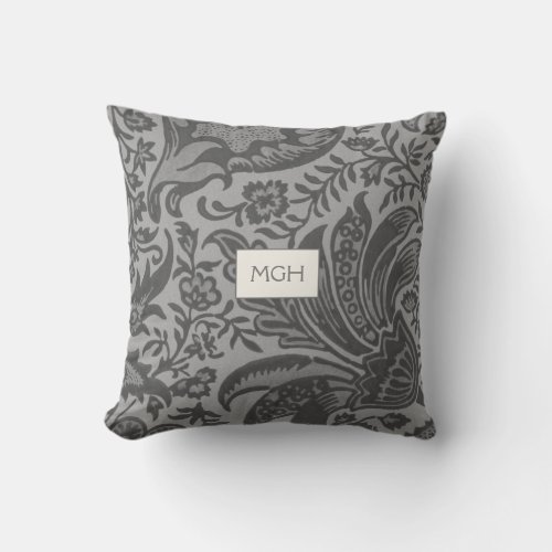 Modern Gray Floral Botanical Monogram Throw Pillow