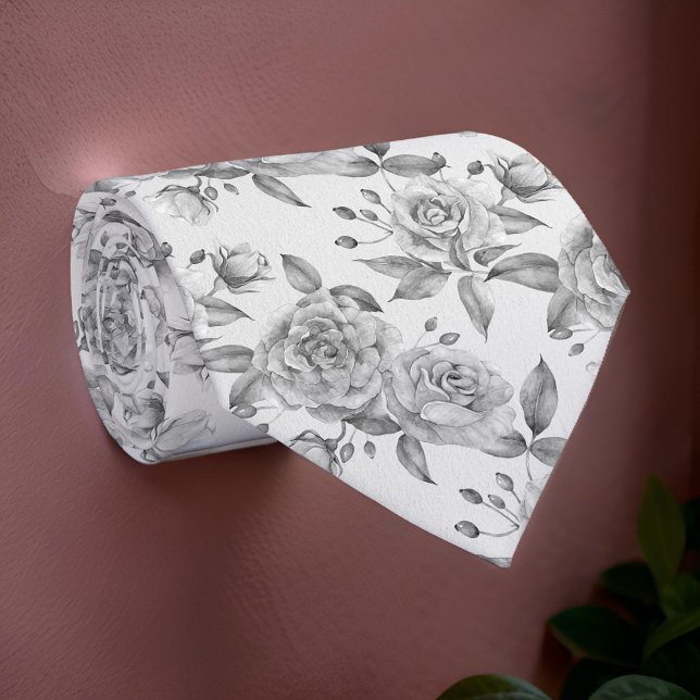 Modern Gray Flowers Elegant Roses Watercolor Neck Tie (Creator Uploaded)