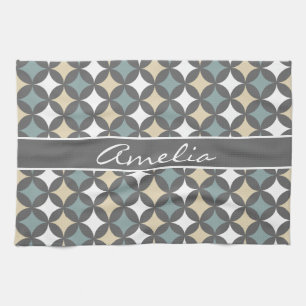 Modern Gray Geometric Circle Pattern Monogram Kitchen Towel