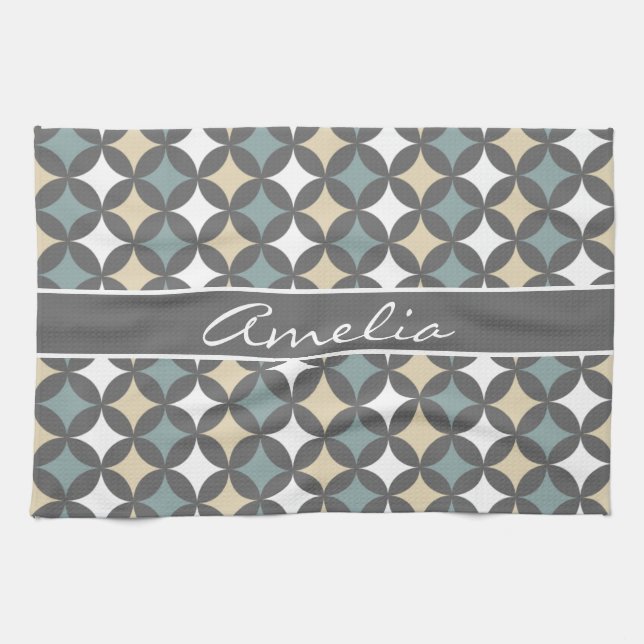 Modern Gray Geometric Circle Pattern Monogram Kitchen Towel (Horizontal)