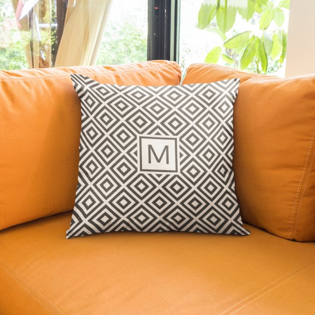 Modern Gray Geometric Pattern with Monogram Throw Pillow (Creator Uploaded)