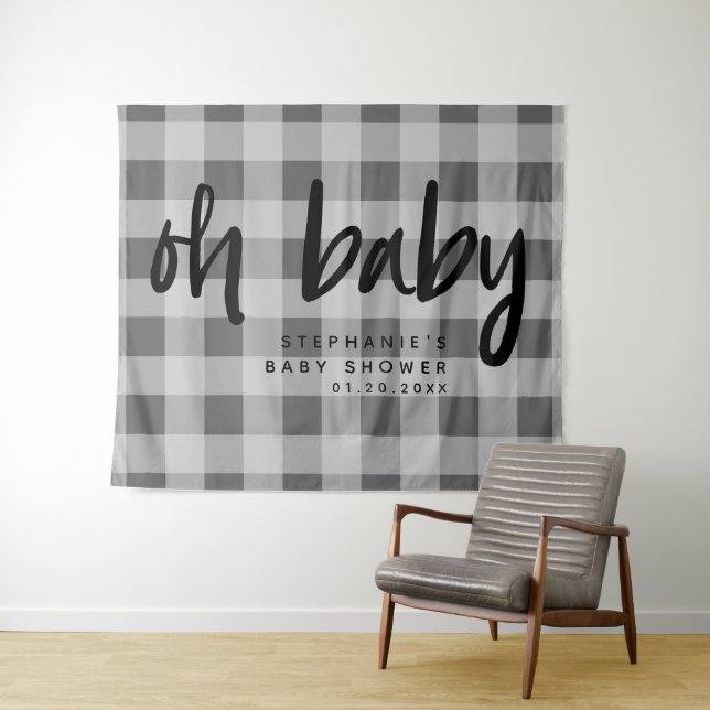 Modern Gray Gingham Baby Shower Backdrop (In Situ (Horizontal))