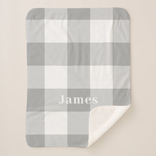 Modern Gray Gingham Pattern Monogram Name Sherpa Blanket
