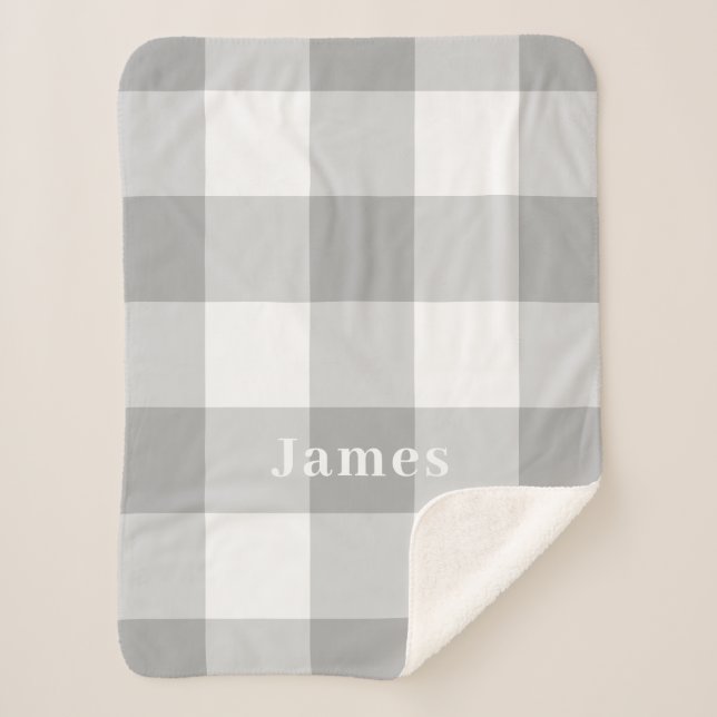 Modern Gray Gingham Pattern Monogram Name Sherpa Blanket (Front)
