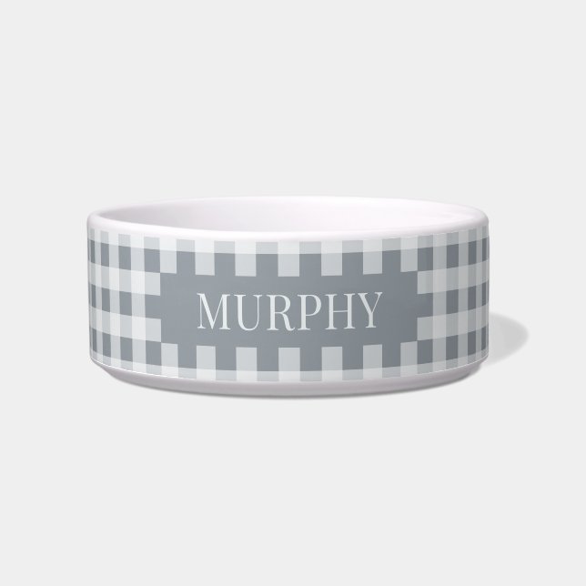 Modern Gray Gingham Pattern Simple Custom Pet Name Bowl (Front)