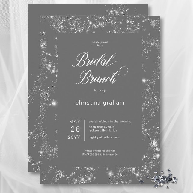 Modern Gray Glam Diamond Frame Bridal Brunch Invitation (Modern Gray Glam Diamond Frame Bridal Brunch Invitation)