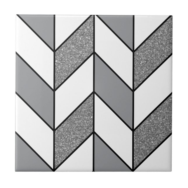 Modern Gray Glitter Herringbone Chevron Pattern v2 Ceramic Tile (Front)