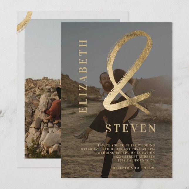 Modern gray gold ampersand names 2 photo wedding invitation (Front/Back)
