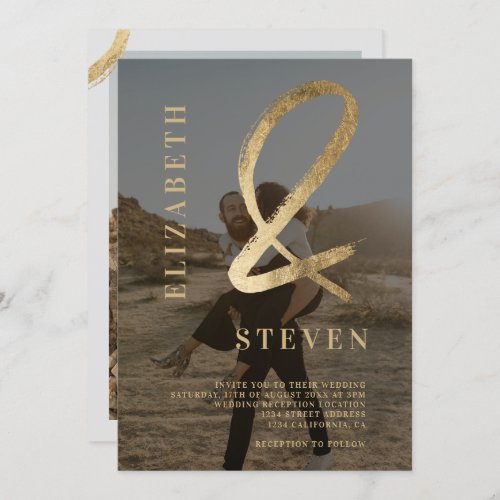 Modern gray gold ampersand names 2 photo wedding invitation