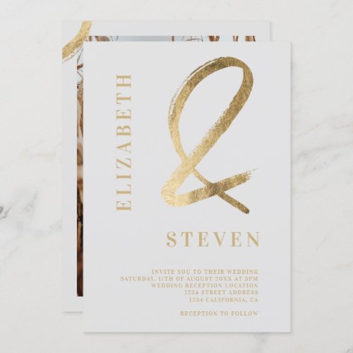 Modern gray gold ampersand names photo wedding invitation