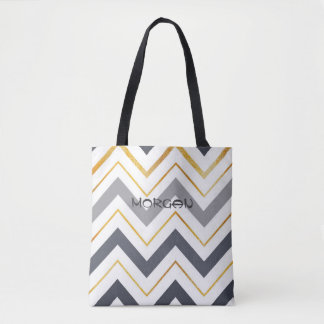 Modern Gray & Gold Chevron Personalized Tote Bag ✨