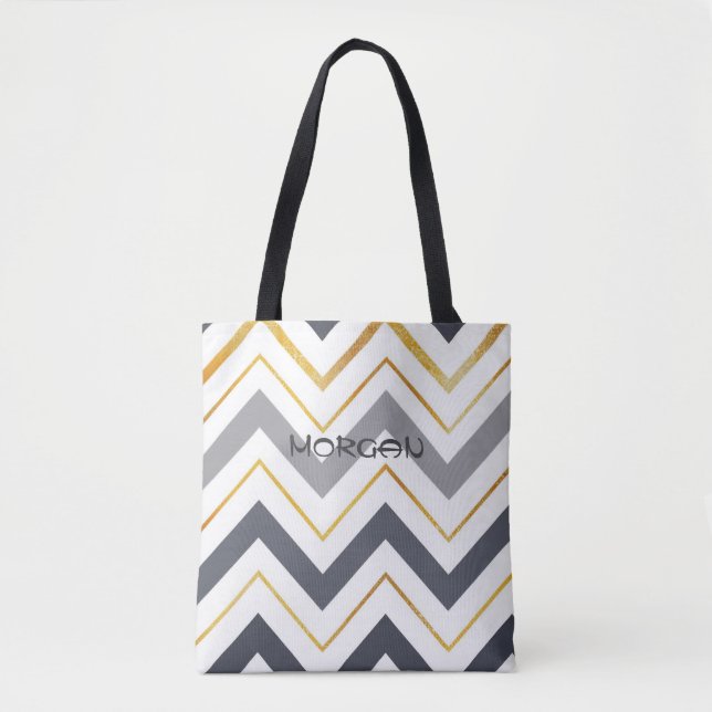 Modern Gray & Gold Chevron Personalized Tote Bag ✨ (Front)