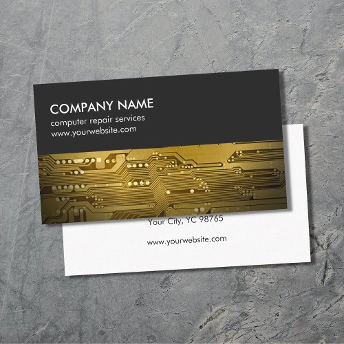 Modern Gray Gold Circuit Board Computer Repair Business Card