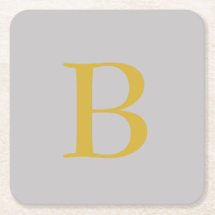 Modern Gray Gold Color Monogram Add Name Initial Square Paper Coaster