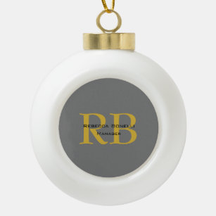 Modern Gray Gold Color Monogram Add Name Initials Ceramic Ball Christmas Ornament